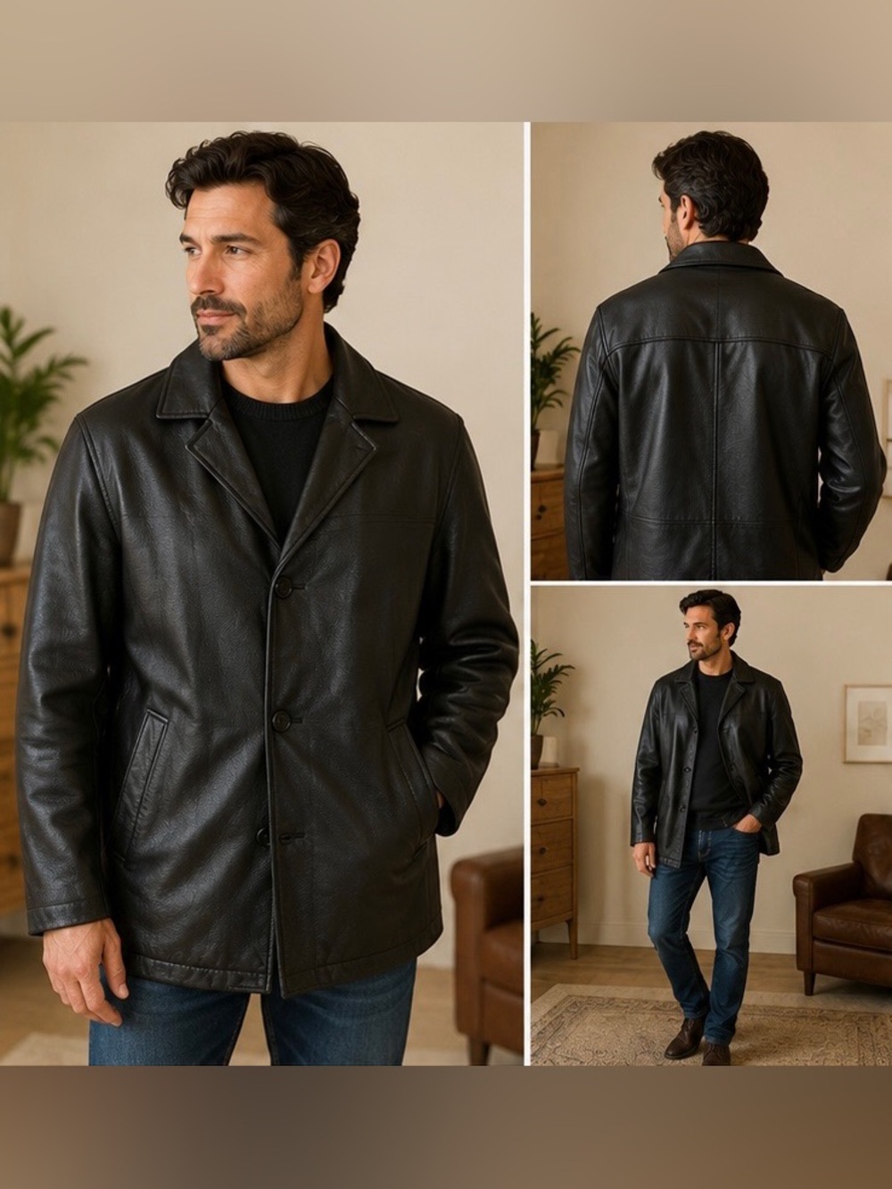 Danier Black Leather Pea Coat with Button Front